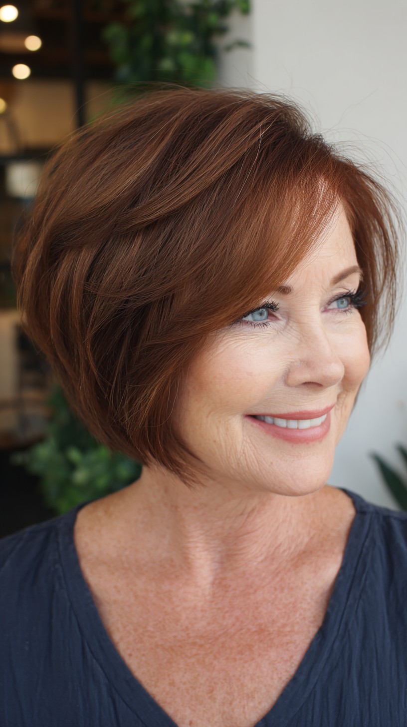 Chestnut Chin-Length Graduated Bob with Diagonal Face-Framing Layers