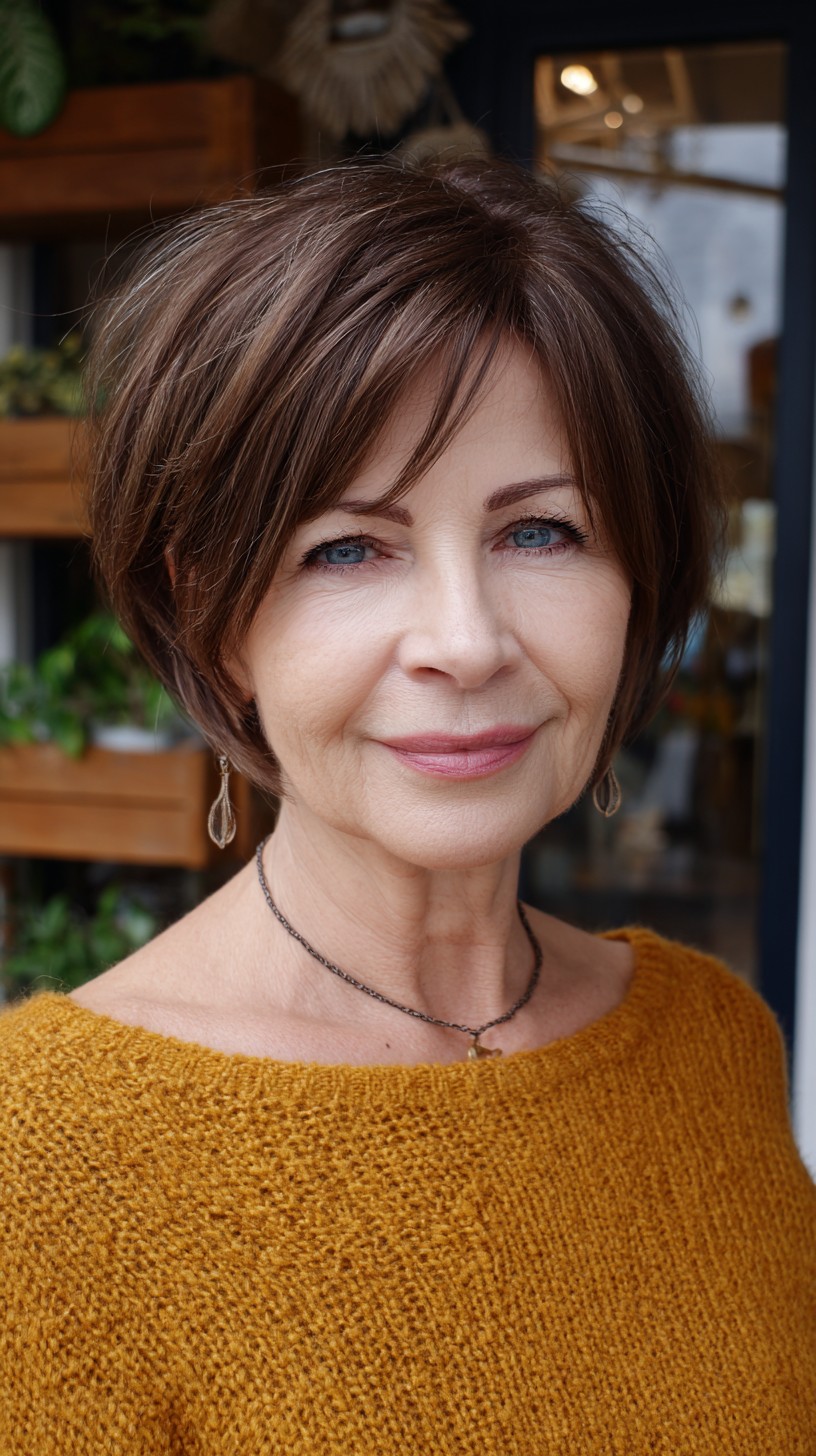 Chestnut Chin-Length Layered Bob with Feathered Side Bangs and Crown Lift