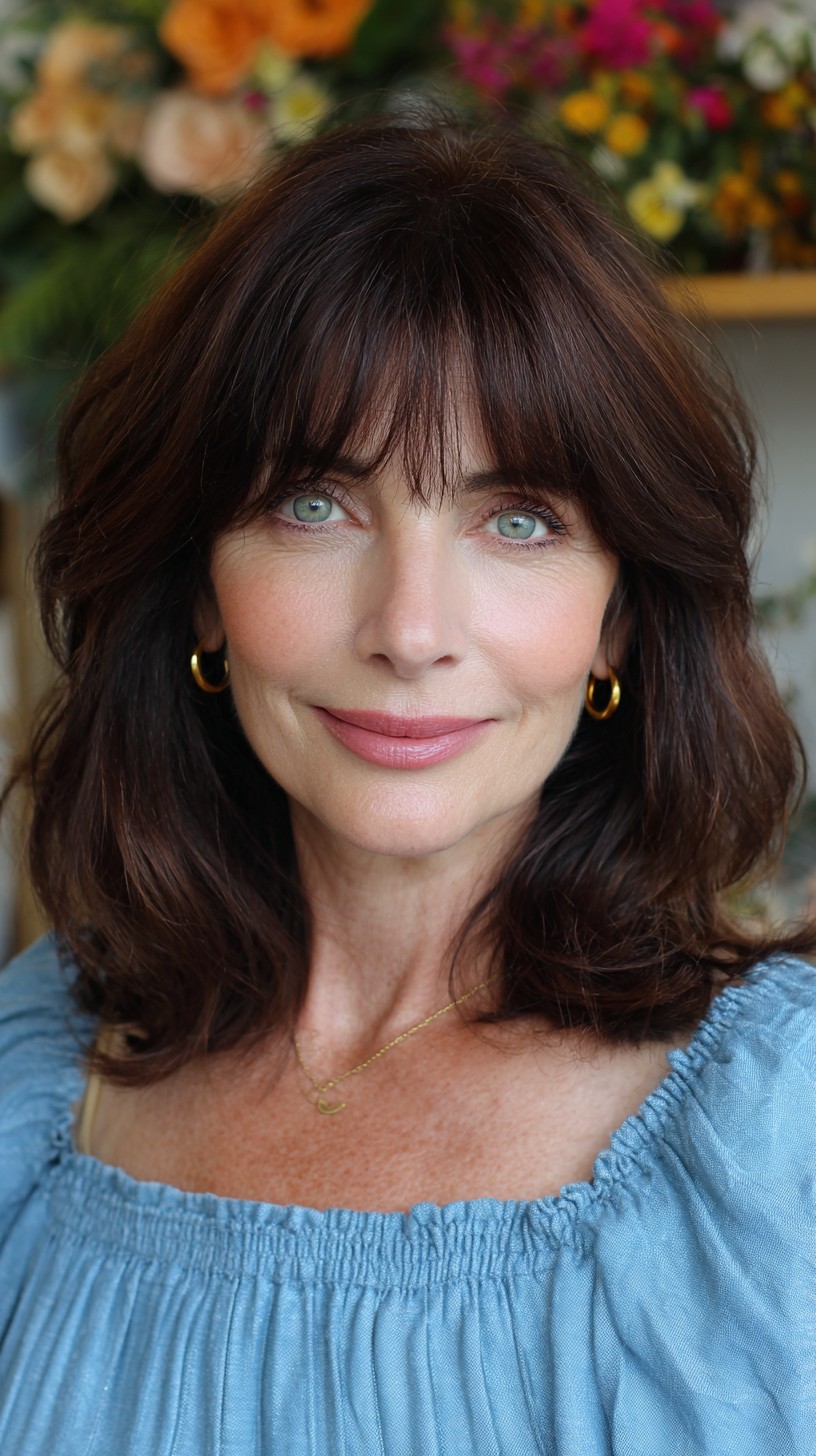 Chestnut Collarbone Lob with See-Through Fringe and Face-Framing Layers