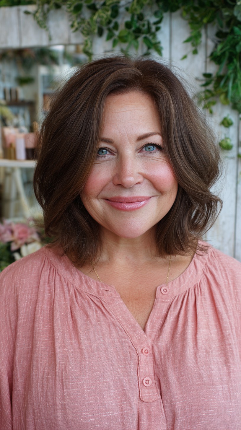 Chestnut Shoulder-Length Layered Lob with Draped Side Part