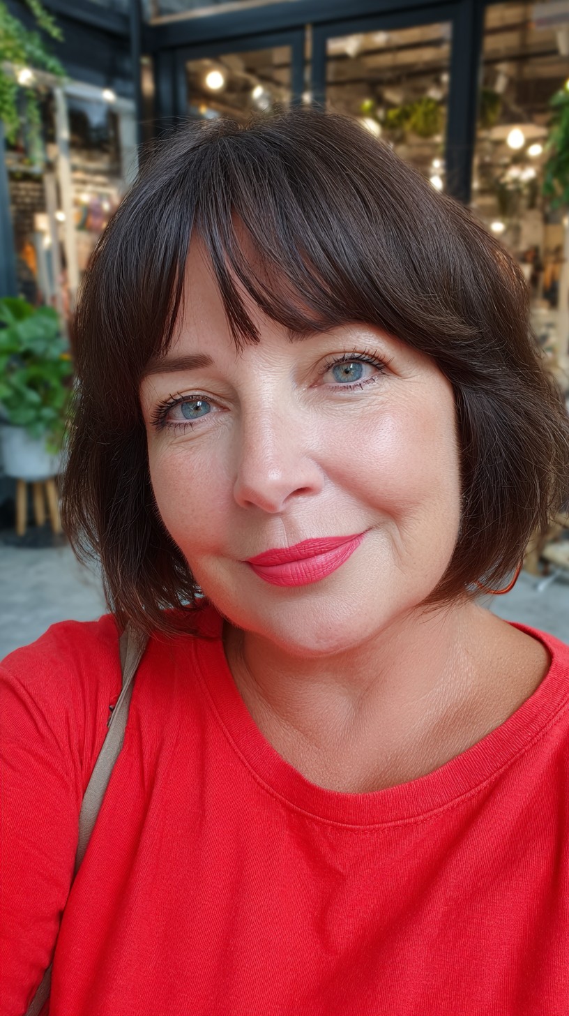 Chocolate French Bob with Center-Notch Micro Fringe and Subtle Crown Lift