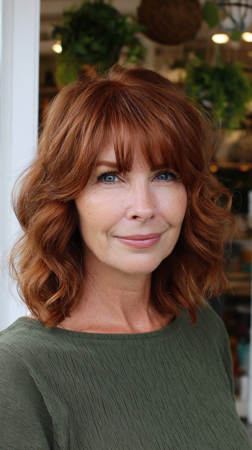 Copper Shoulder-Length Lob with Soft Micro-Bangs and Crown Lift
