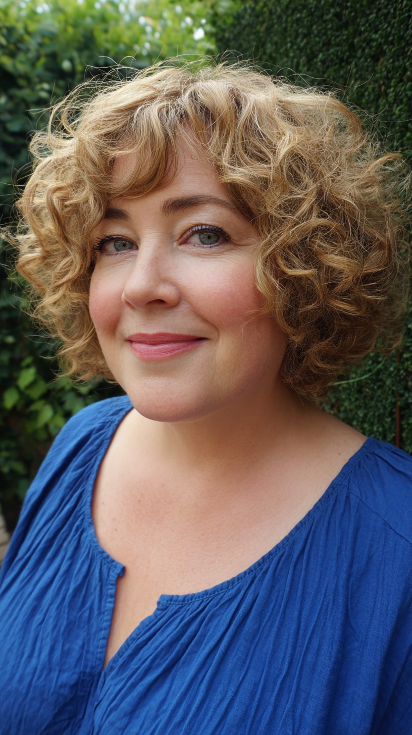 Curly French Bob with Rounded Baby Bangs