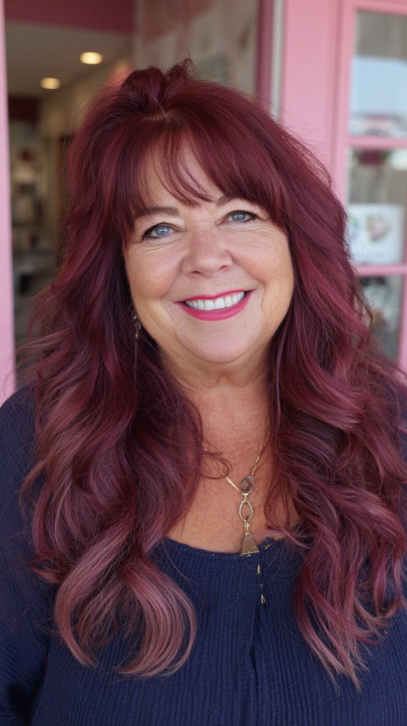 Deep Maroon Long Wolf Cut with Soft Micro-Bangs and Root Shadow
