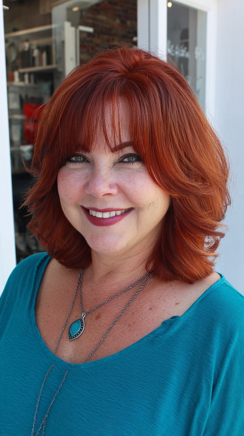 Feathered Copper Shoulder-Length Bob with Soft Curtain Bangs