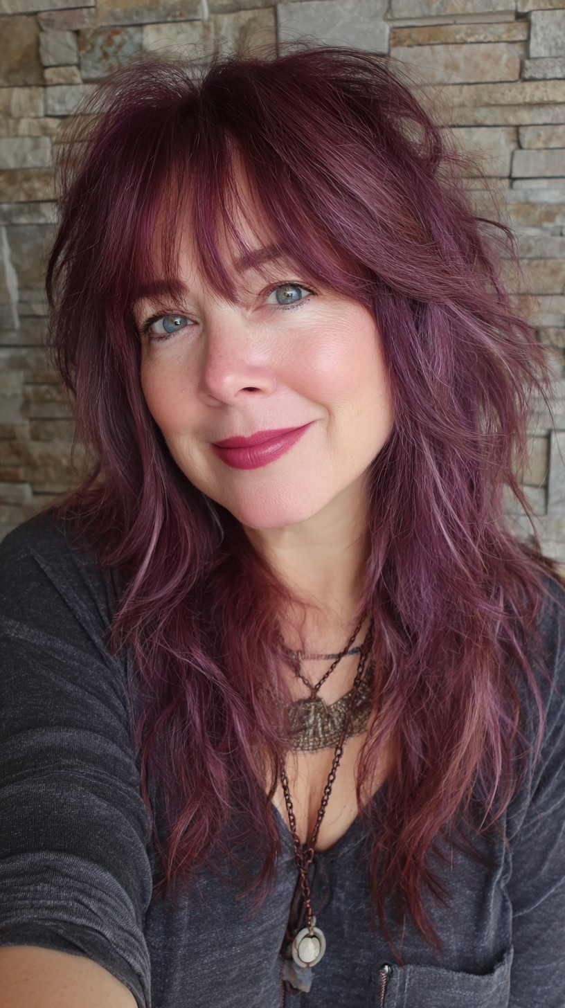 Feathered Plum Wolf Cut with Face-Framing Fringe