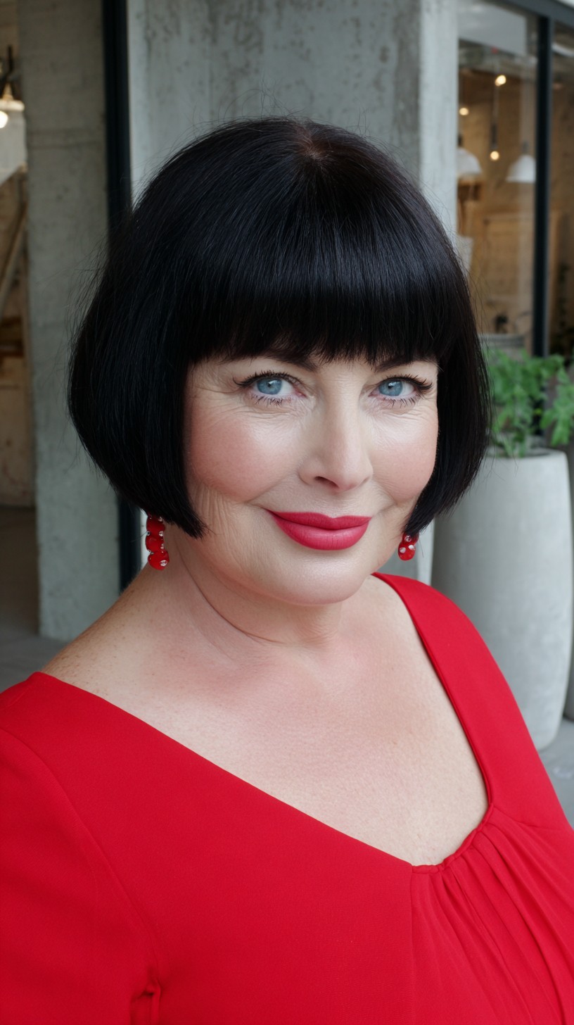 Glossy Rounded French Bob with Full Blunt Fringe
