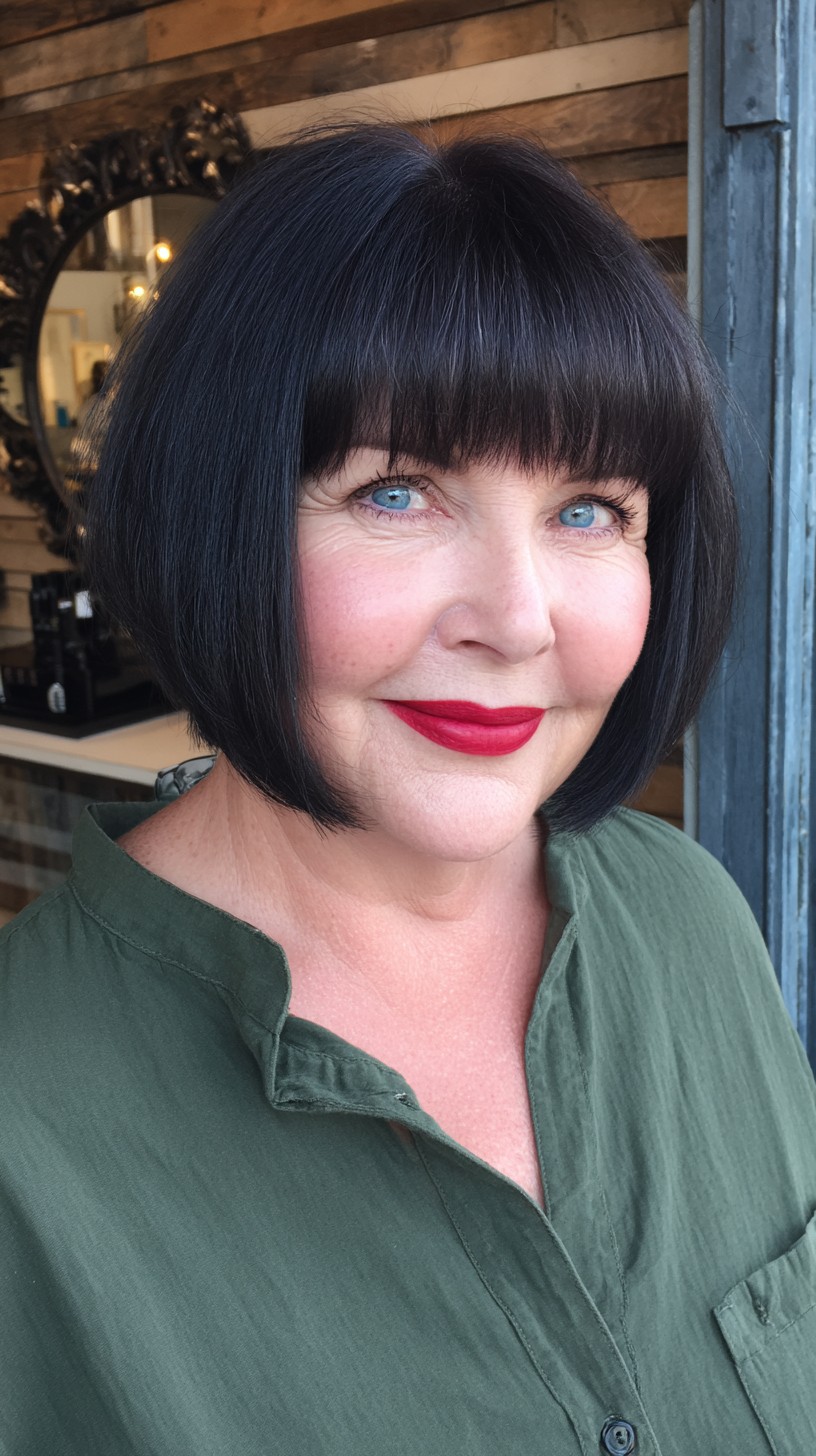 Glossy Stacked Chin-Length Bob with Full Blunt Fringe