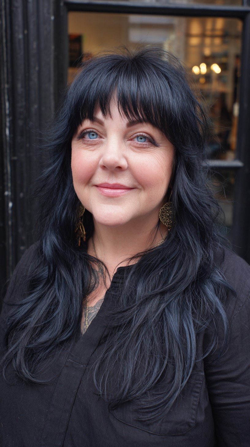Ink-Gloss Long Wolf Cut with Brow-Framing Micro Fringe
