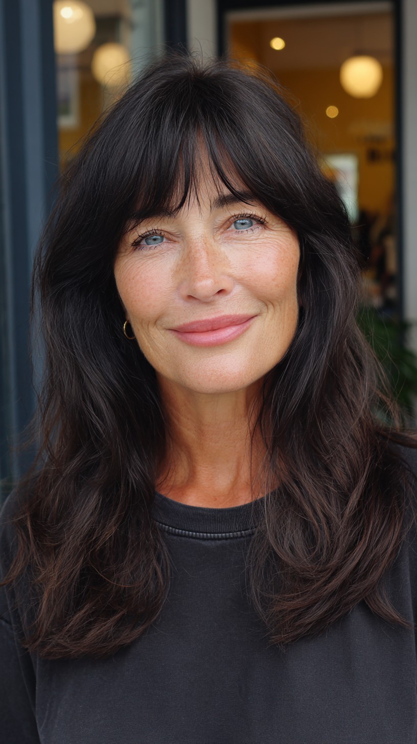 Long Dark Brunette Layers with Soft Curtain Micro-Bangs