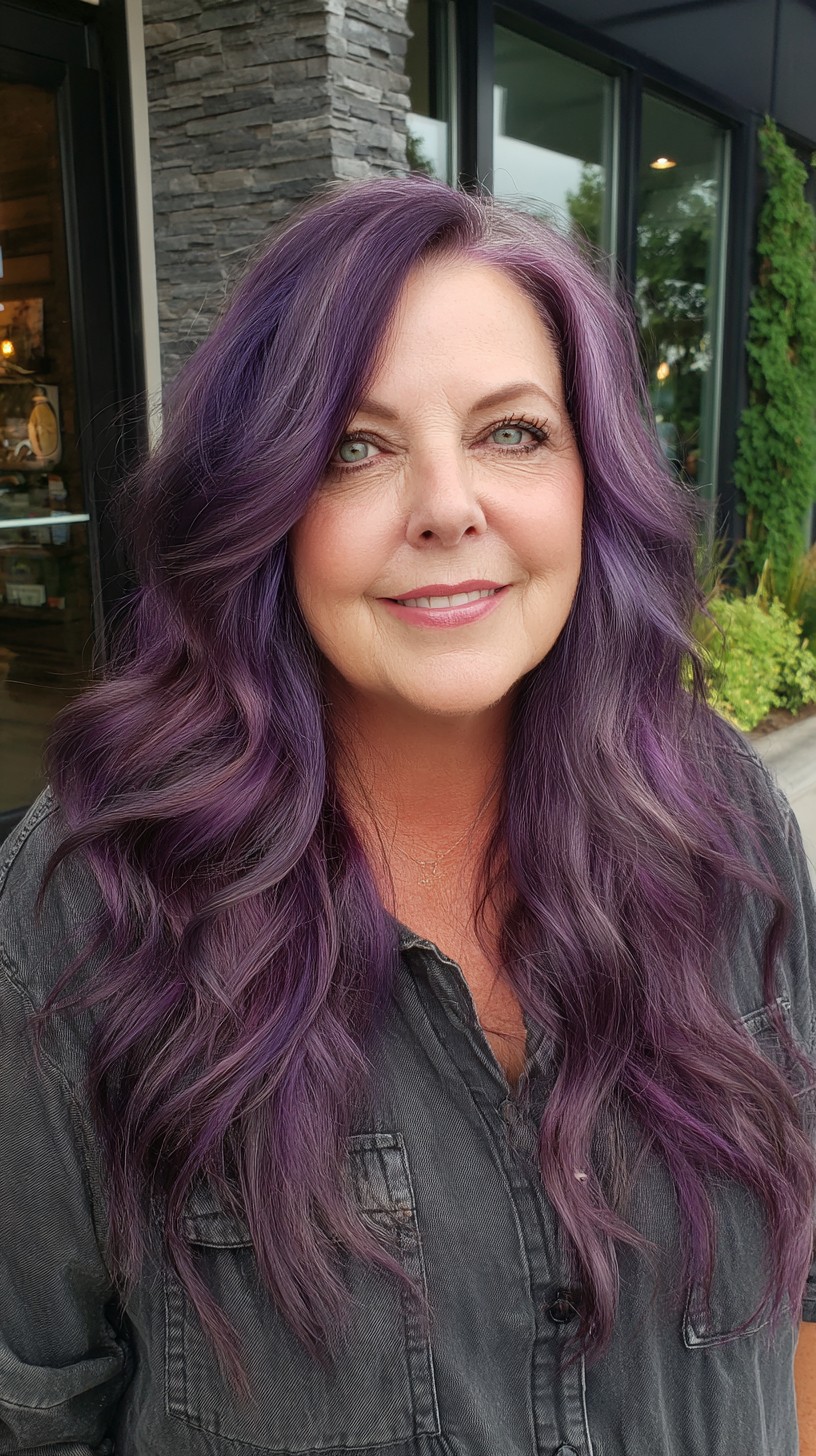 Long Layered Wolf Cut with Purple Balayage and Side-Swept Layers