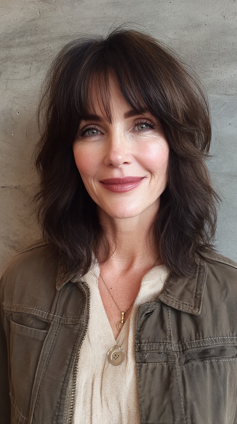 Medium-Length Layered Shag with Wispy Center-Parted Fringe