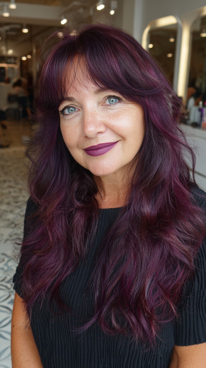 Plum-Infused Long Layered Wolf Cut with Wispy Micro-Fringe