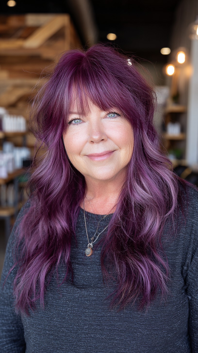 Plum-Painted Long Wolf Cut with Lifted Crown and Soft Curtain Fringe