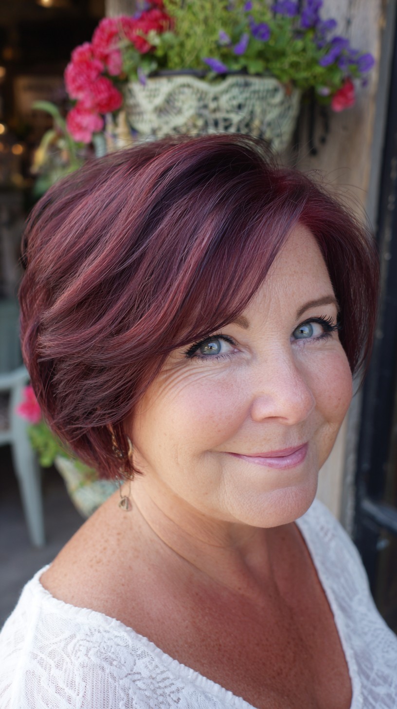Plum-Red Stacked Chin-Length Bob with Side-Swept Fringe