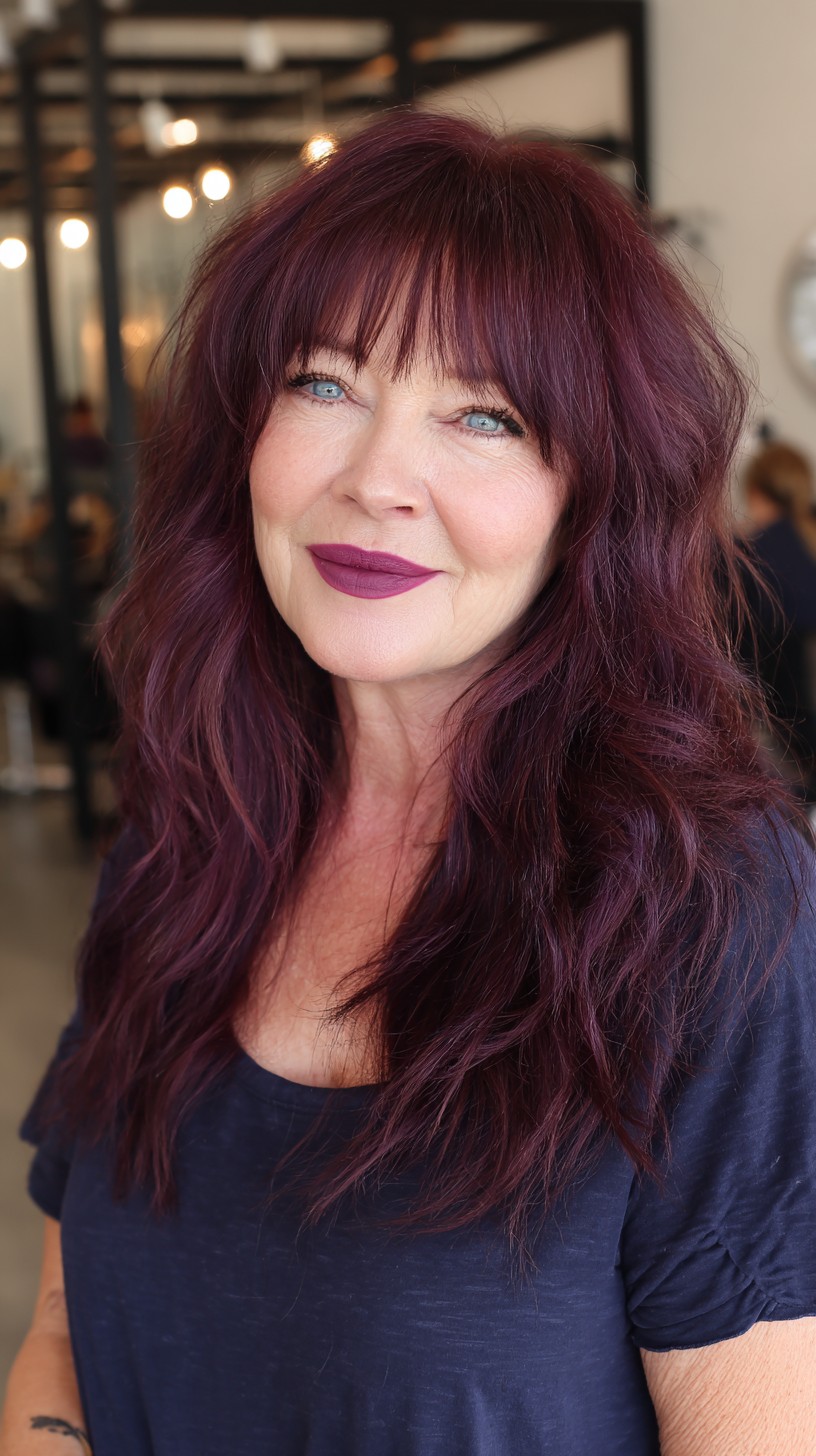 Plum-Red Textured Long Wolf Cut with Soft Micro-Bangs