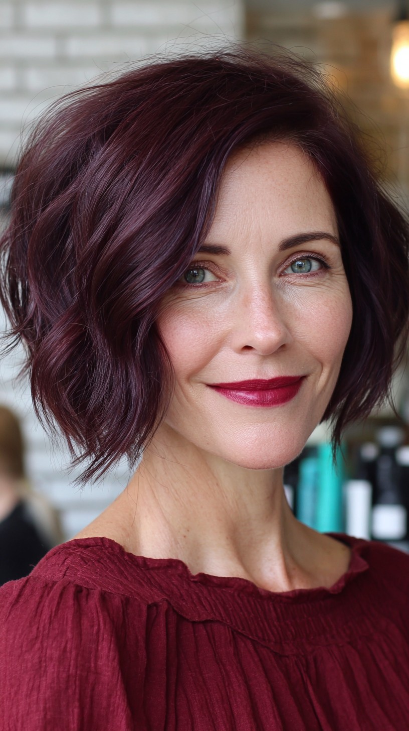 Plum Textured Chin-Length A-Line Bob with Deep Side Part
