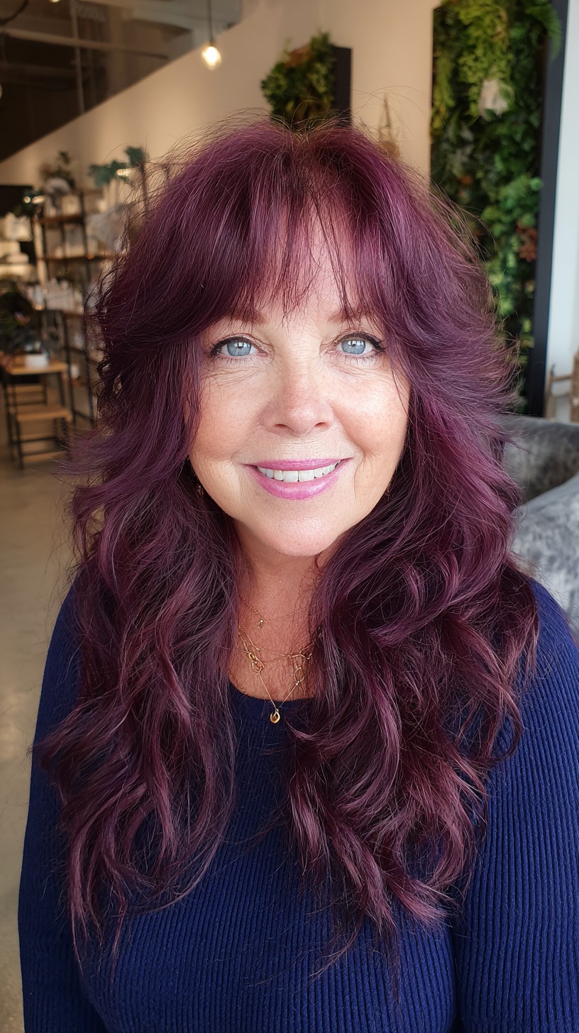 Plum-Toned Long Wolf Cut with Subtle Curtain Micro-Bangs