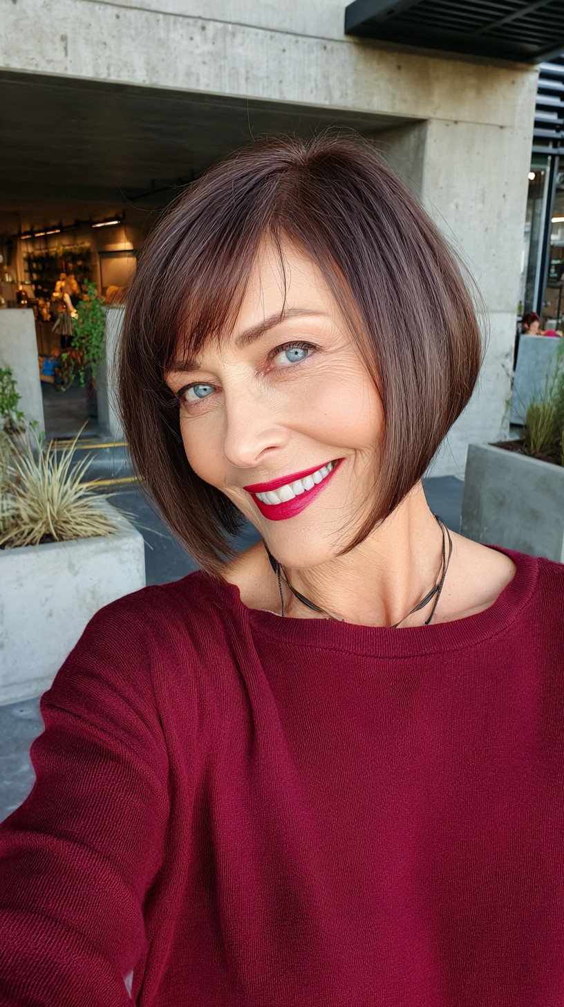 Polished Angled Chin-Length Bob with Wispy Side Fringe