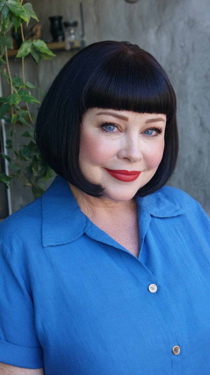 Polished Rounded Chin-Length Bob with Blunt Mini Fringe