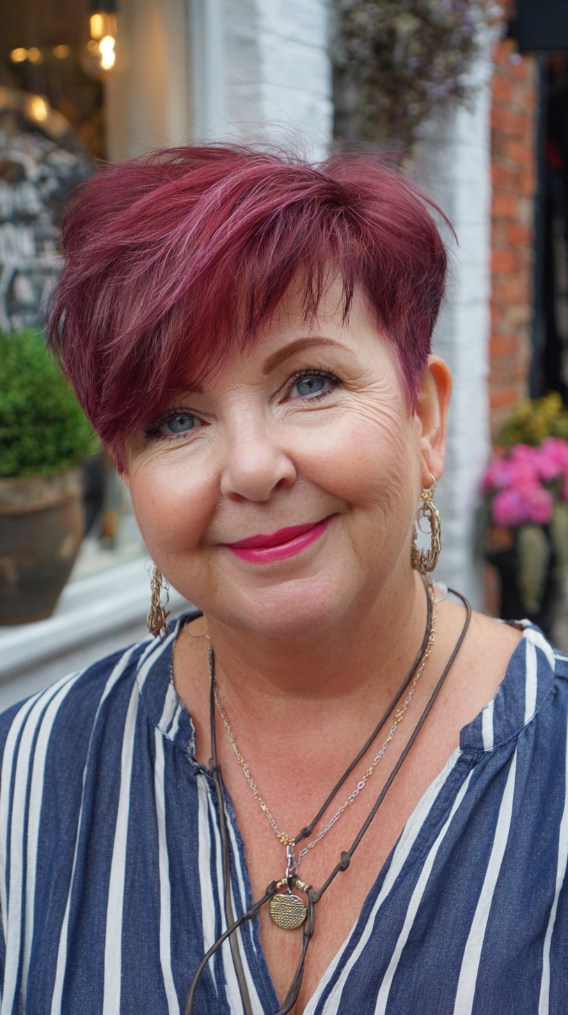 Raspberry Textured Pixie with Side-Swept Asymmetrical Fringe