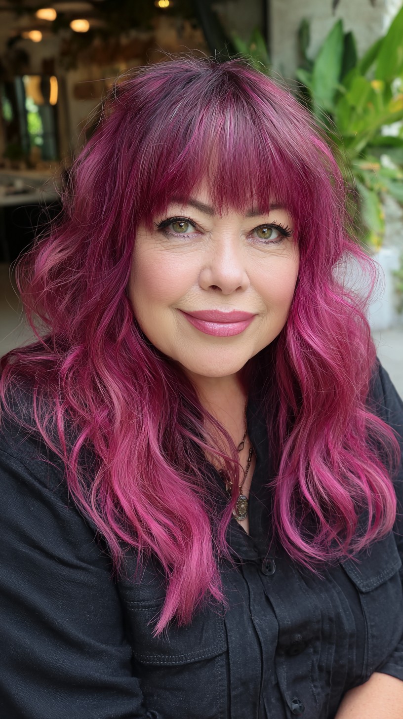 Rich Magenta Layered Wolf Cut with Full Fringe