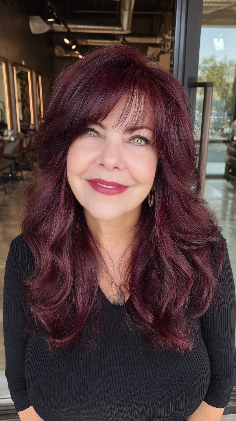 Root-Softened Plum Long Wolf Cut with Face-Framing Fringe