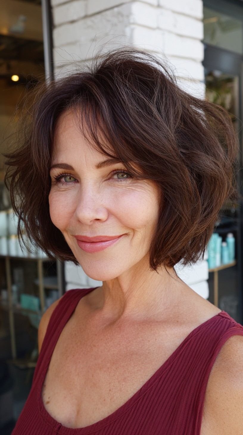 Rooty Chocolate Textured Chin-Length Bob with Soft Curtain Fringe