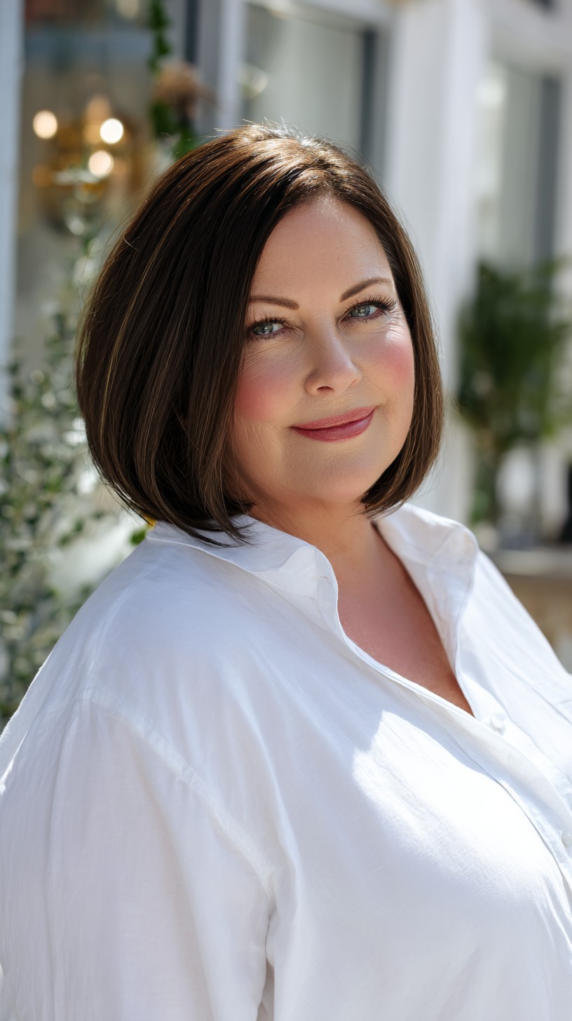 Rounded Chin-Grazing Bob with Forward Weight and Soft Root Shadow