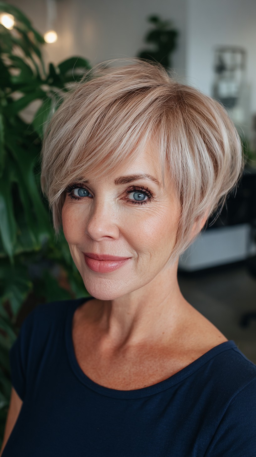 Rounded Stacked Pixie with Feathered Diagonal Fringe