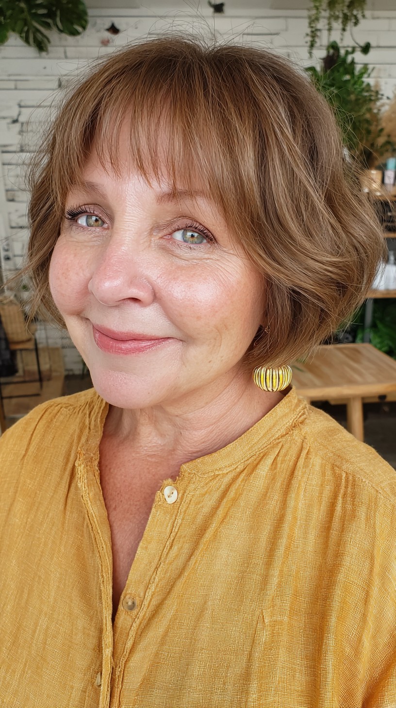 Short Rounded Bob with Feathered Baby Fringe and Root-Softening Color