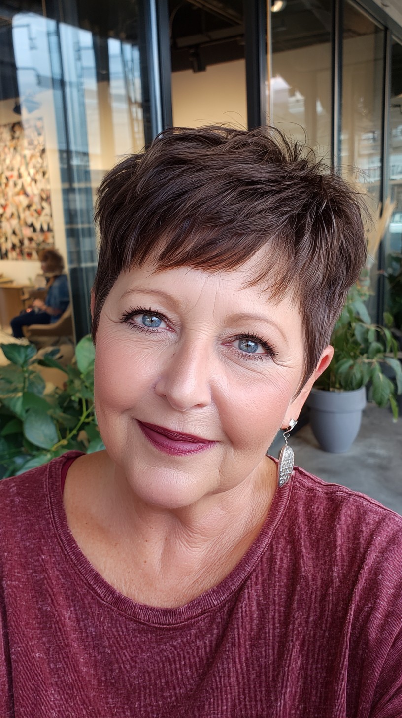 Short Textured Forward-Weighted Pixie with Feathered Micro-Fringe