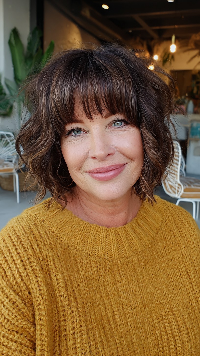 Short Wavy Chestnut French Bob with Feathered Mini Fringe
