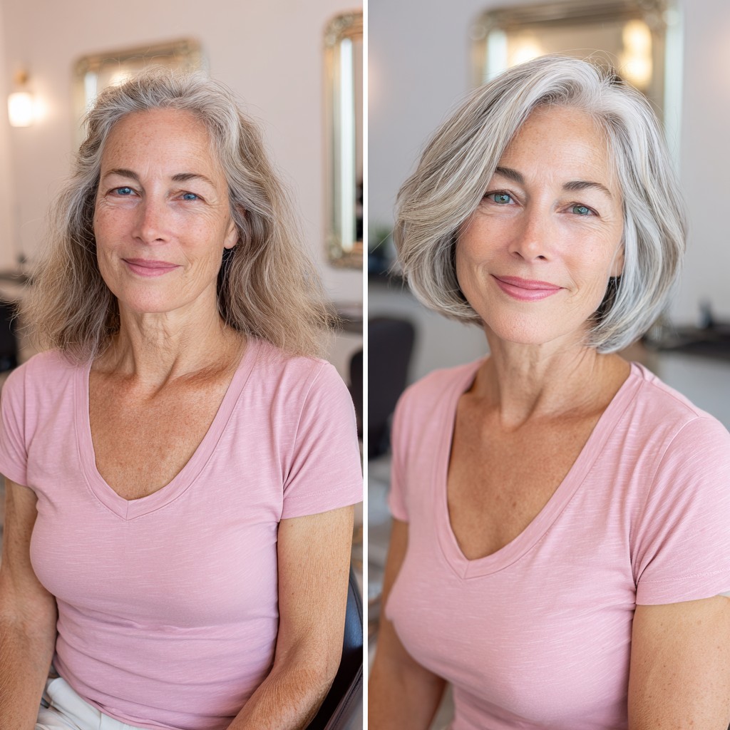 Silver-Root Textured Chin-Length Bob with Face-Framing Graduation