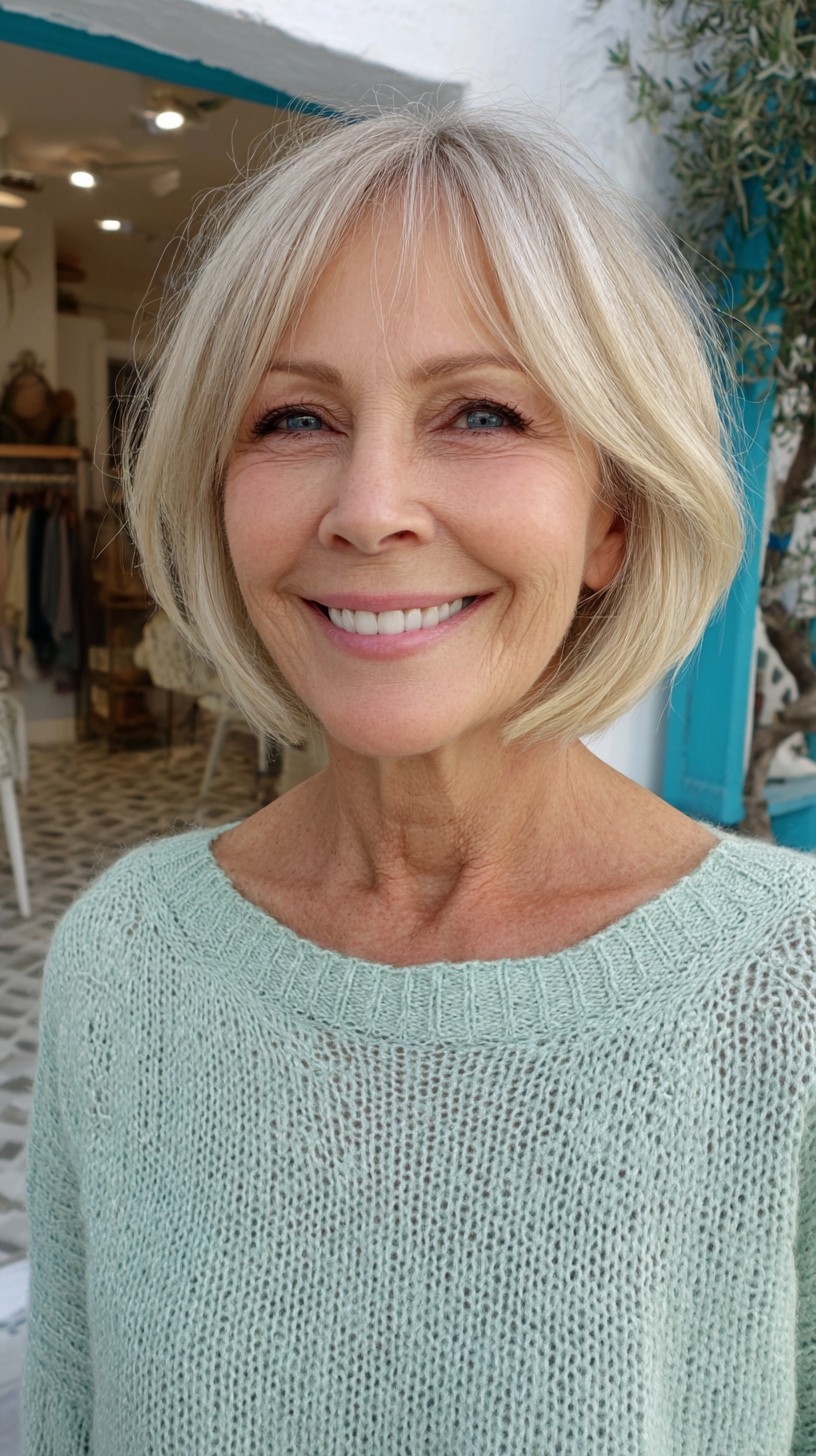 Soft Ash-Blonde Rounded Chin-Length Bob with Feathered Curtain Fringe