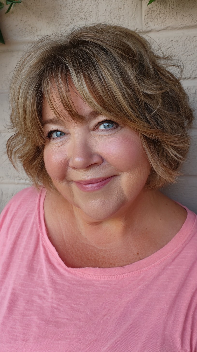 Soft Ash-Bronde Layered Chin-Length Bob with Wispy Curtain Bangs
