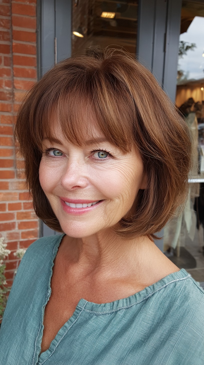 Soft Chestnut Chin-Length Bob with Wispy Fringe and Face-Framing Babylights