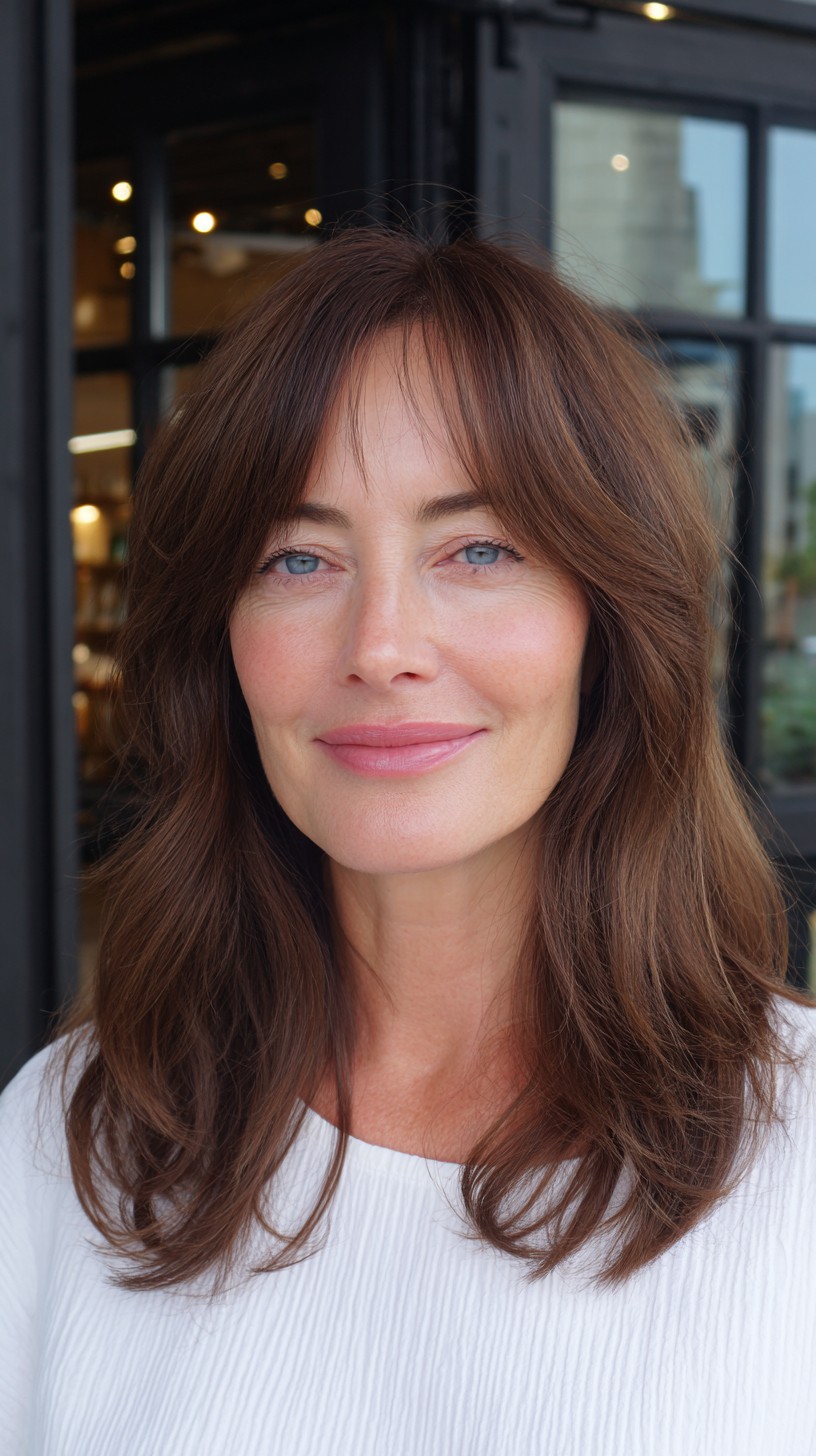 Soft Chestnut Mid-Length Layers with Wispy Center Fringe