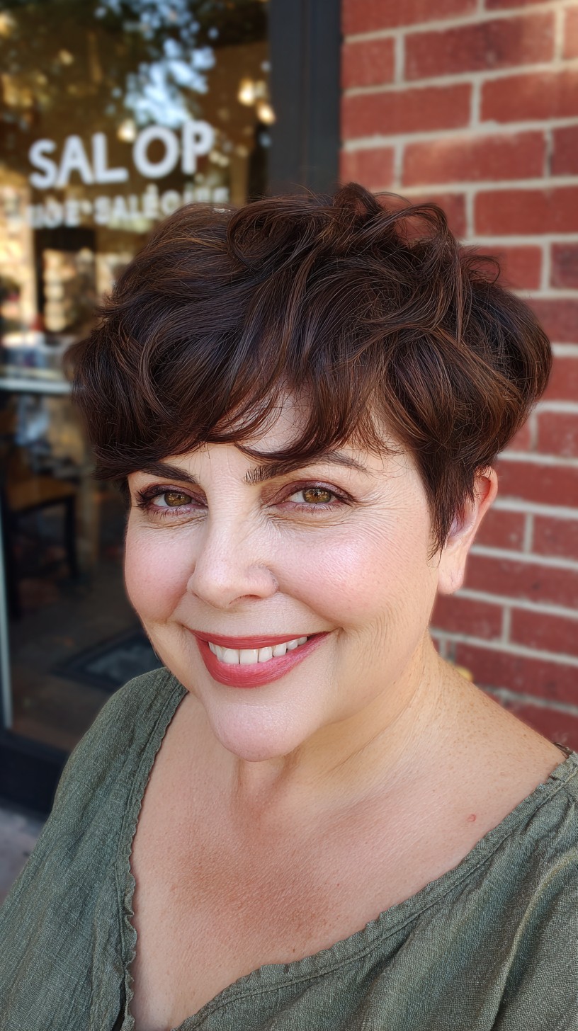 Soft Chocolate Micro-Wave Pixie with Face-Framing Flicks