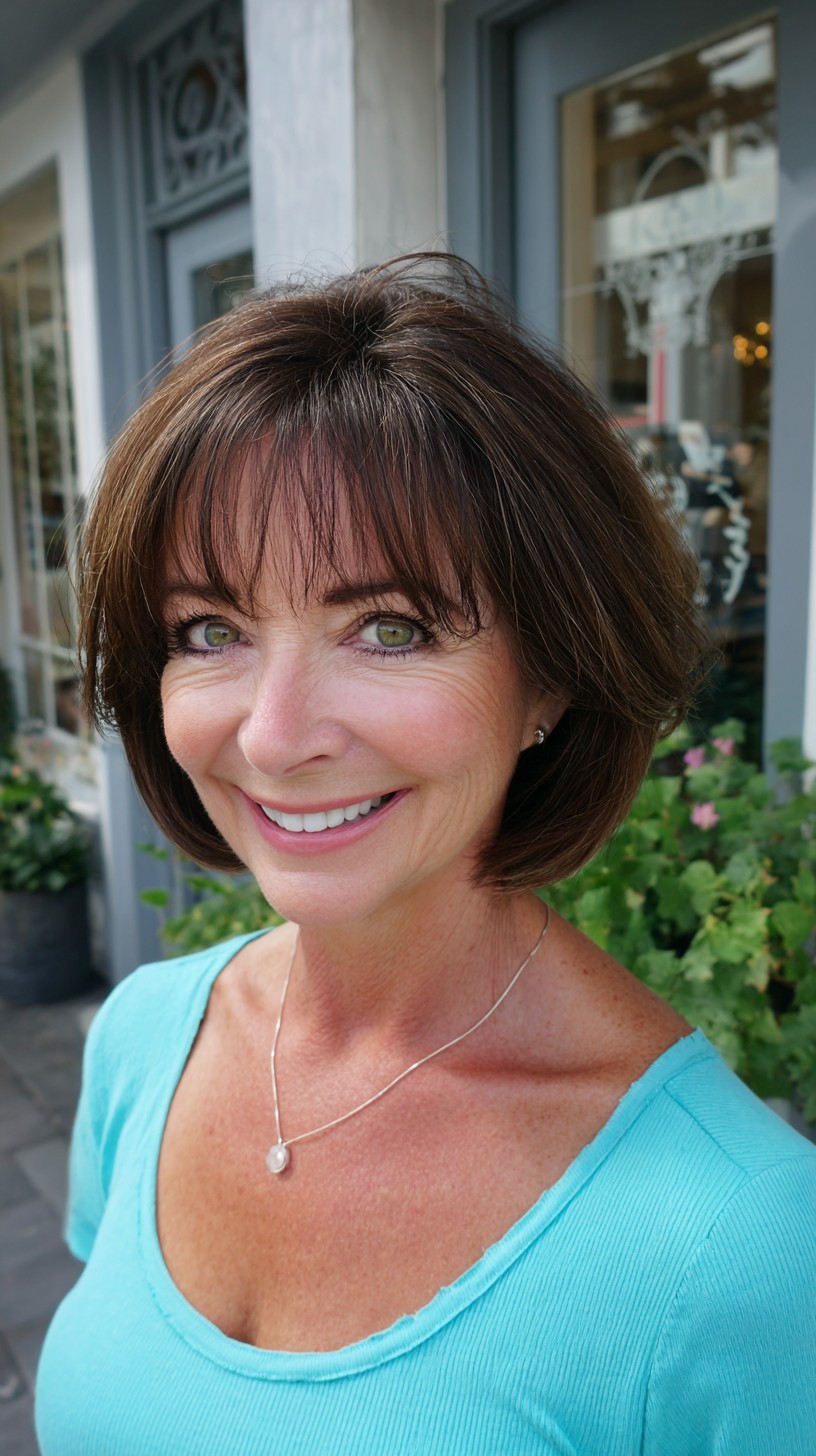 Soft Chocolate Rounded Bob with Wispy Curtain Fringe