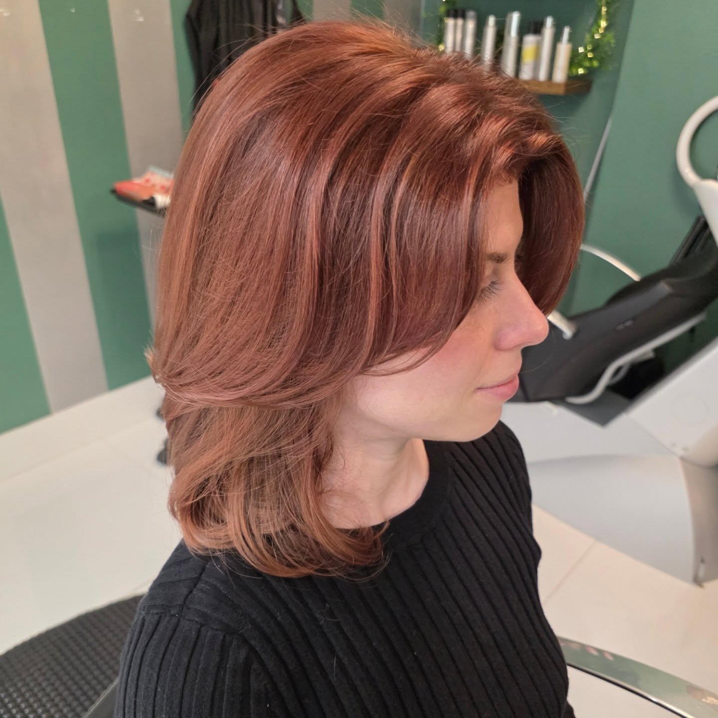 Soft Copper Mid-Length Layered Cut with Face-Framing Swoop
