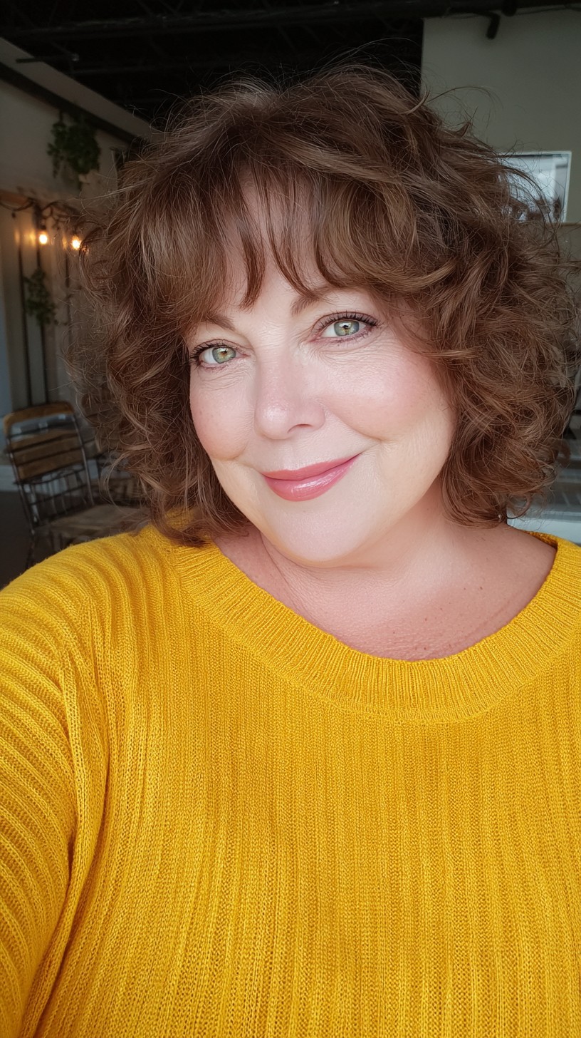 Soft Curly Chin-Length French Bob with Wispy Mini Fringe