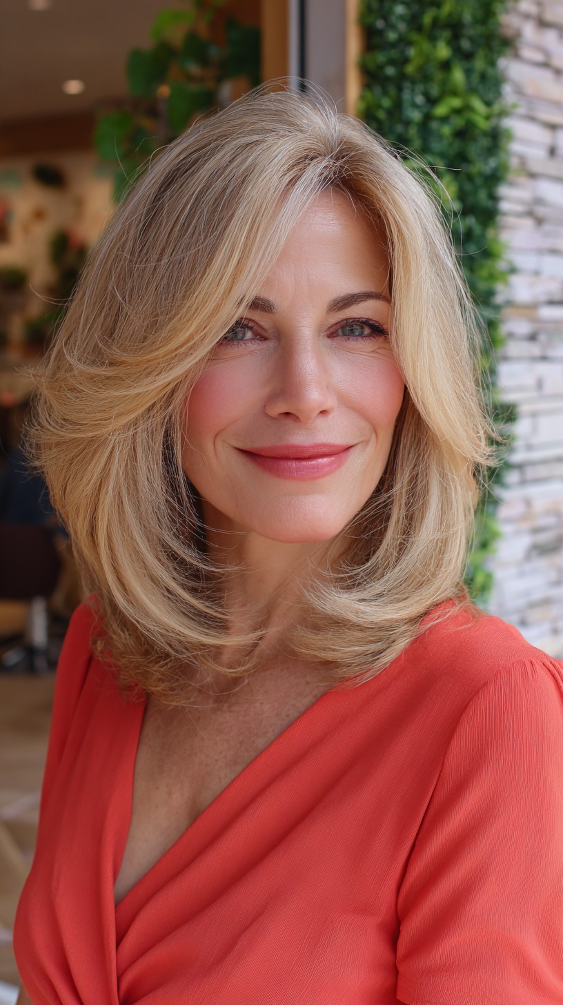 Soft Feathered Shoulder-Length Blowout with Subtle Root Warmth