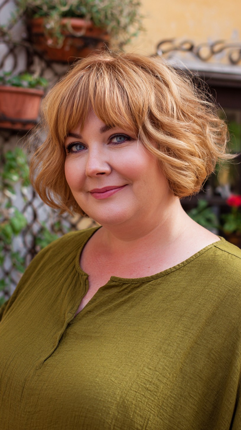 Soft Golden Textured Chin-Length Bob with Short Fringe