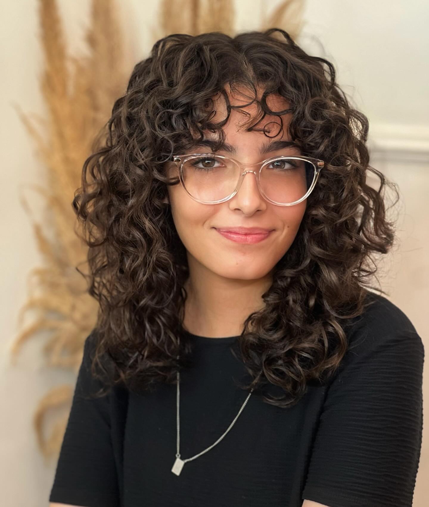 Soft Layered Shoulder-Length Curls with Micro Ringlet Fringe