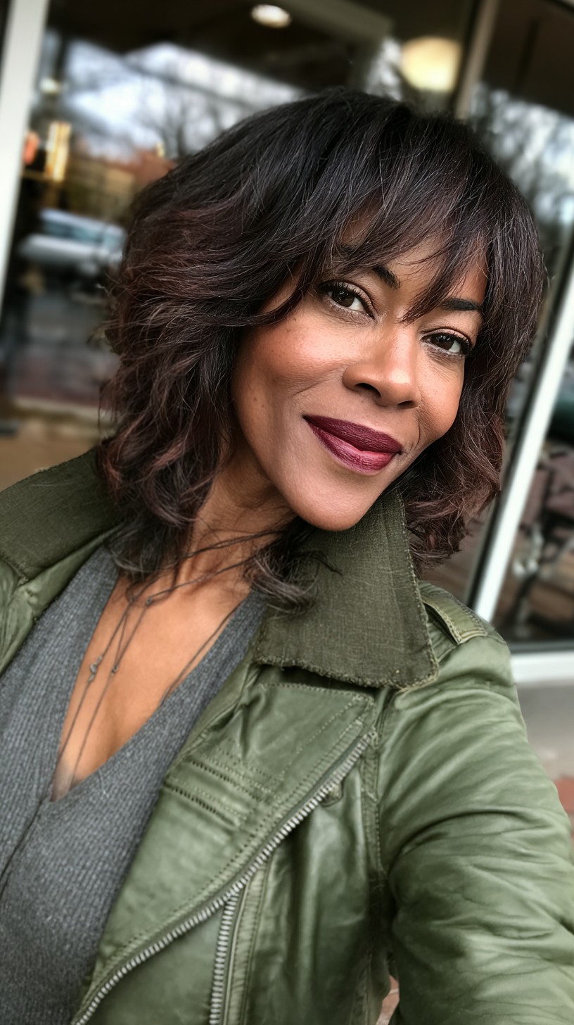 Soft Layered Shoulder-Length Cut with Feathered Micro-Bangs and Auburn Babylights