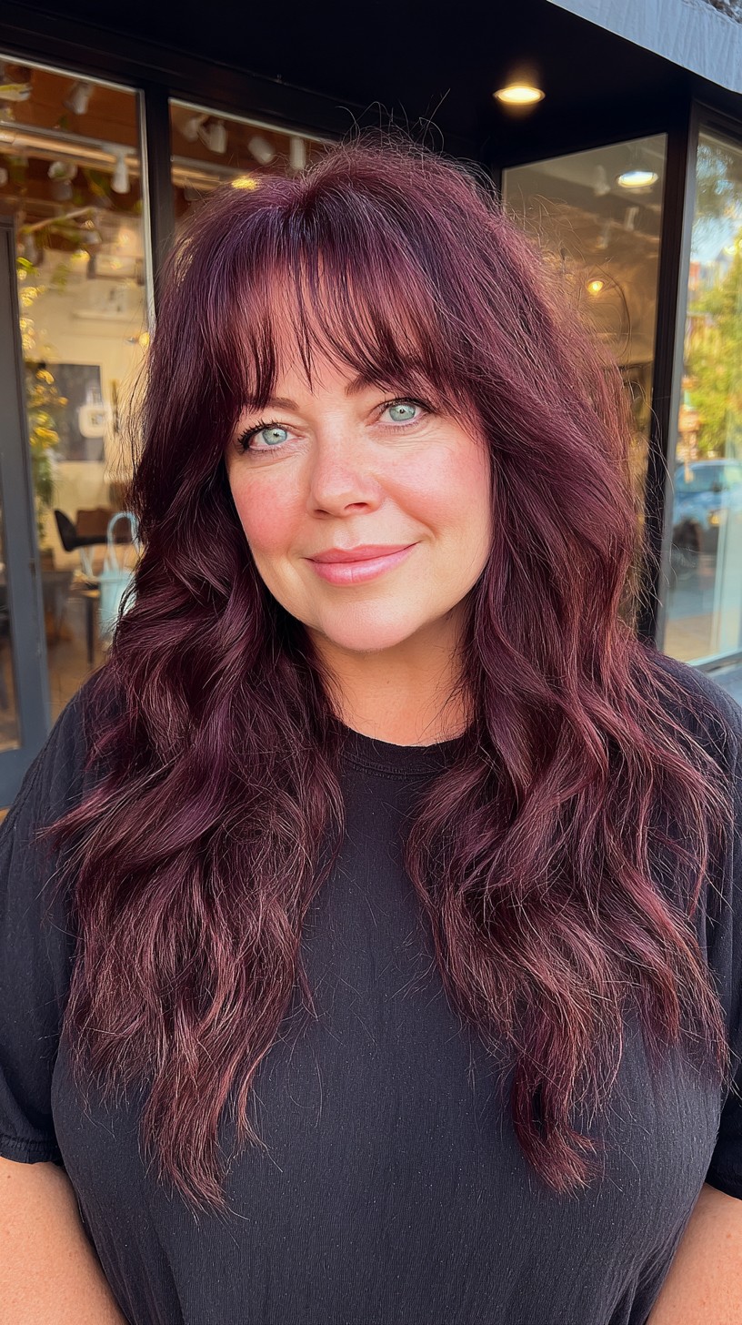 Soft Plum Long Wolf Cut with Wispy Fringe