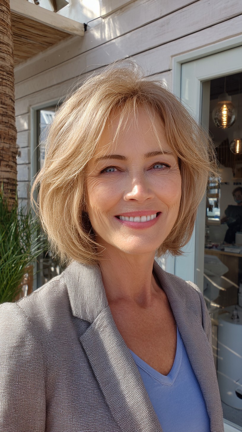 Soft Rounded Blonde Layered Bob with Root Shadow