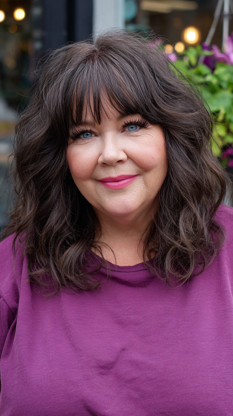 Soft Shoulder-Length Layered Waves with Wispy Micro-Bangs