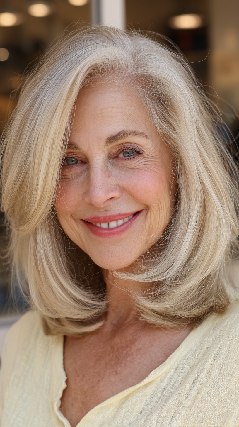 Soft Silver-Blonde Shoulder-Length Layers with Deep Side Part